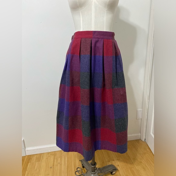 VINTAGE 1970’s Plaid Wool Pleated Midi Skirt Jewel Tone Red Purple Size SMALL - Picture 6 of 11